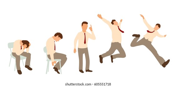 Set characters poses. Sitting businessman is under stress. Man pointing finger up and invented the idea. Happy man waving his arms like a bird. Color vector flat illustration on white background