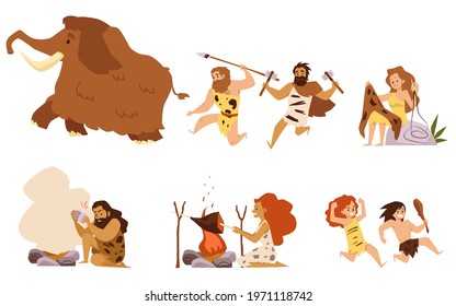 Set Characters Of Prehistoric People Living In Stone Age. Man Hunting On Mammoth And Makes Fire, Woman Sew And Cook, Kids Playing. Flat Cartoon Vector Isolated Illustrations.