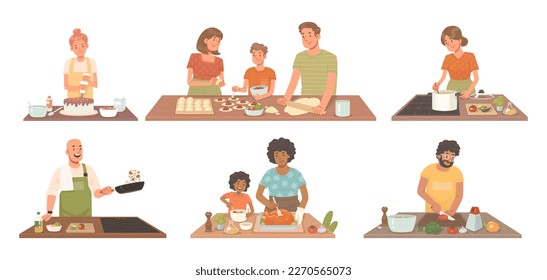 Set of characters preparing meals. A pastry chef making a cake, a family making dumplings, a housewife making soup and a turkey, a male chef cutting a salad. Vector illustration in flat style