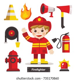 Set of characters of Profession Firefighter with Fire safety equipments. Firefighter 