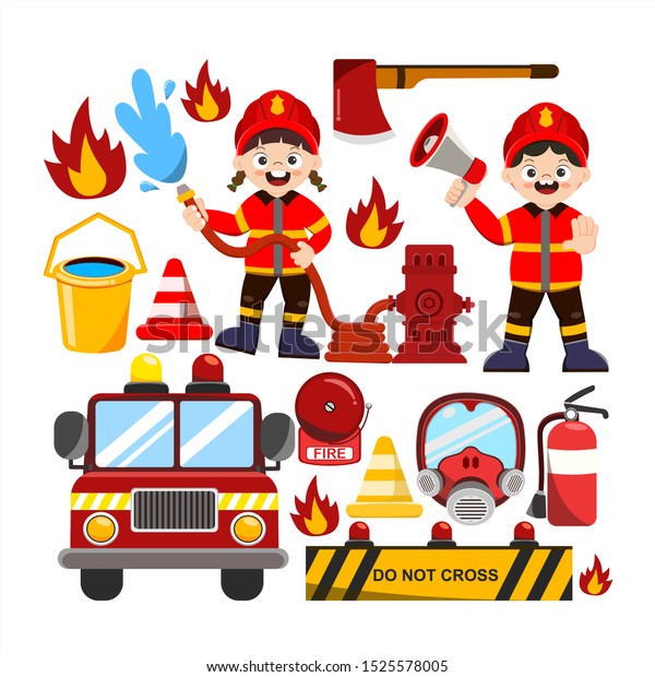 Set Characters Profession Firefighter Fire Safety 库存矢量图（免版税）1525578005