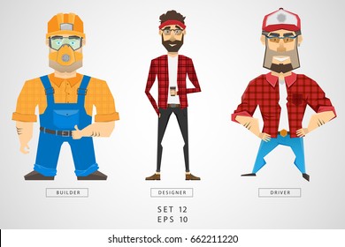 Set of characters of professions people. Character builder, designer and driver vector illustration
