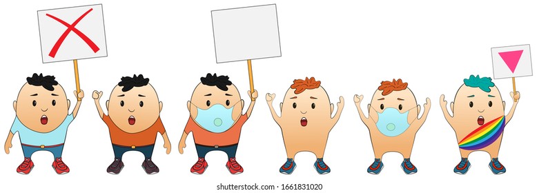 A set of characters protesting against a violation of their rights. Activists at a rally for freedom and democracy. The concept of protest, struggle, courage and determination.