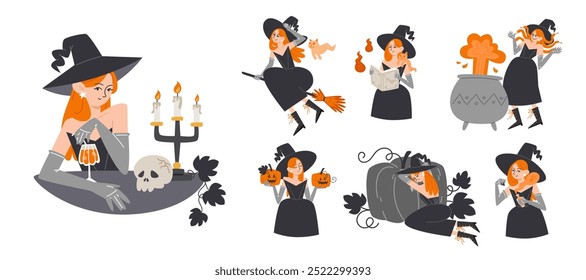 Set of Characters with Red Haired Witch in Black Attire