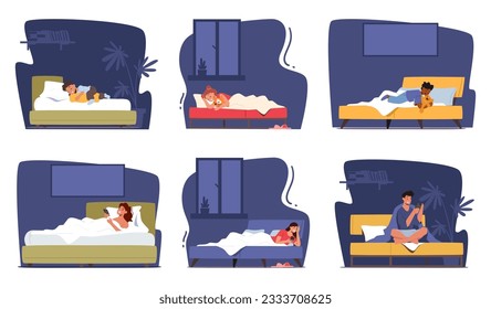 Set of Characters Resting in Beds, Finding Solace In Warmth Of Blankets, And Surrendering To The Comfort Of Sleep's Embrace. Kids and Adults Sleep or Use Smartphone. Cartoon People Vector Illustration