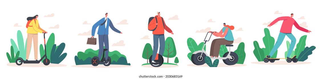 Set Characters Riding Electric Transport, Save Ecology Concept. People Use Scooter, Hoverboard and Monowheel, Skateboard Eco Friendly Transportation for City Dwellers. Cartoon Vector Illustration