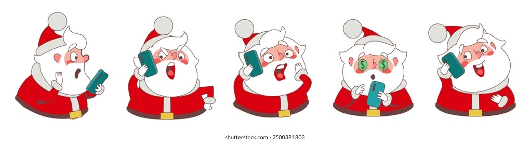Set of characters of  Santa Claus with smartphone for adds and stickers