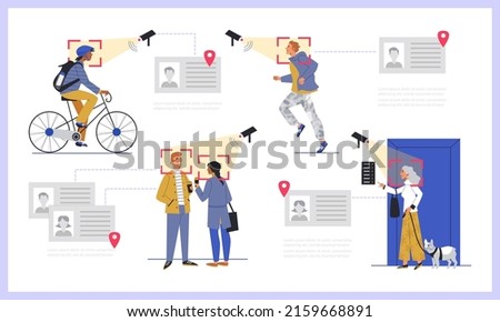 Set of characters scanned by video camera flat style, vector illustration. Face recognition system working in different situations, closed circuit television concept