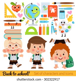 Set of characters and school icons in cartoon style. Boy student with a backpack and books. Icons on the school theme - globe, pencils, books, rulers, brushes and other items.