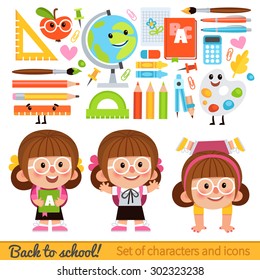 Set of characters and school icons in cartoon style. Girl student with a backpack and books. Icons on the school theme - globe, pencils, books, rulers, brushes and other items.