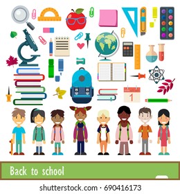 Set of characters and school icons in cartoon style. Boy student with a backpack and books. Icons on the school theme - globe, pencils, books, rulers, brushes and other items.