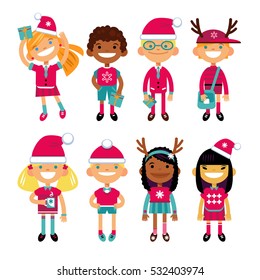 Set of characters schoolchild in Christmas costumes, the Fun in the New Year. Schoolboys and schoolgirls different nationalities.