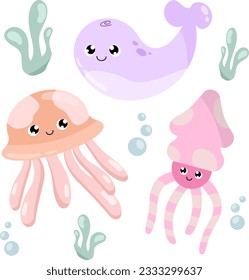 set of characters. sea ​​animals, jellyfish, squid, whale. for children's books. vector illustration.