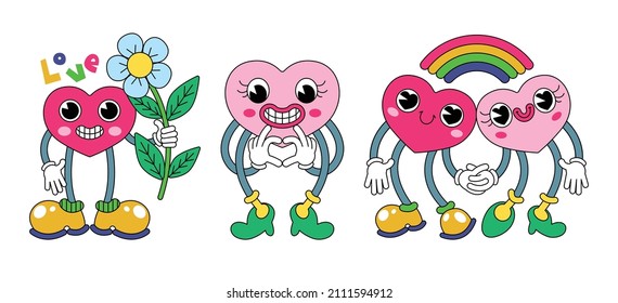 Set of characters in the shape of a heart. Cartoon retro hearts in various poses and situations. Image of characters of hearts on a white background. Vector illustration.