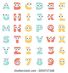 Set characters in the shape of letters and numbers with a cute face, vector clip art.
