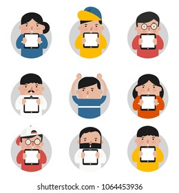 Set of characters showing a blank smart phone screen. Flat style.