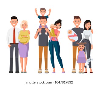 Set of characters showing the stages of development of the family.Mother, father, daughter,son.Vector illustration in a flat style. Happy young family.Man with a child on his shoulders. Pregnant woman