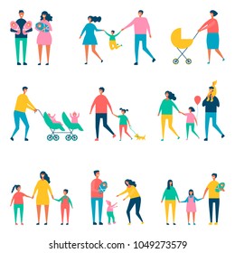 Set of characters showing the stages of development of the family. Creation, birth of children, care and upbringing. Mother, father, daughter and son. Vector illustration in a flat style