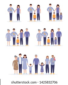 Set of characters showing the stages of development Happy family start from couple, married, have children. father, mother, son and daughter, grandfather, grandmother. Flat Vector Illustration
