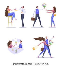 Set of characters showing the stages of development of a happy couple. Relationship concept, vector color flat illustration.