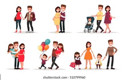 Set of characters showing the stages of development of the family. Creation, birth of children,  care and upbringing. Mother, father, daughter and son. Vector illustration in a flat style