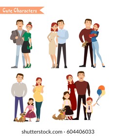 Set of characters showing the stages of development of the family. Creation, birth of children, care and upbringing. Mother, father, daughter and son. Vector illustration in a flat style