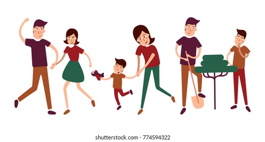 Set of characters showing the stages of development of the family