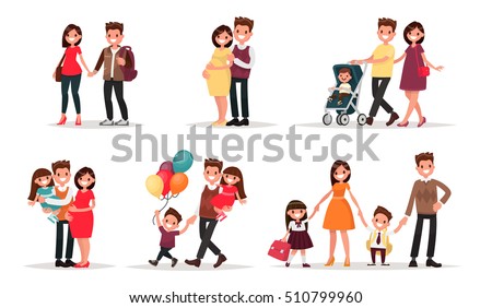 Set of characters showing the stages of development of the family. Creation, birth of children,  care and upbringing. Mother, father, daughter and son. Vector illustration in a flat style