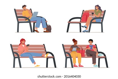 Set of Characters Sitting on Bench with Gadgets. Young Men and Women Communicating Online in Internet. Social Media Networking, Virtual Communication, Addiction Concept. Cartoon Vector Illustration.