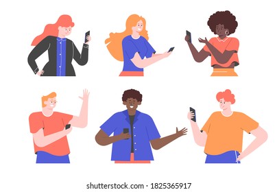 Set of characters with smartphones in their hands. People and devices. Using mobile app for chatting, dating and communication. Vector flat illustration.