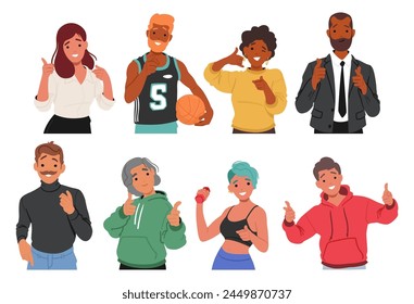 Set of Characters Smile Warmly, Their Eyes Crinkling With Joy, While Pointing Directly At The Viewer With Index Fingers, Inviting Them Into The Shared Moment. Cartoon People Vector Illustration