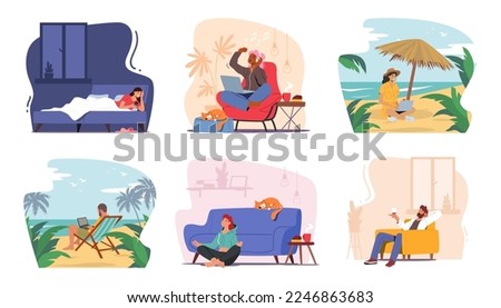 Set Characters Spend Time Alone with Themselves. Men and Women Lying in Bed with Smartphone, Work on Laptop at Home and Sea Beach, Doing Yoga Meditation, Drink Wine. Cartoon People Vector Illustration