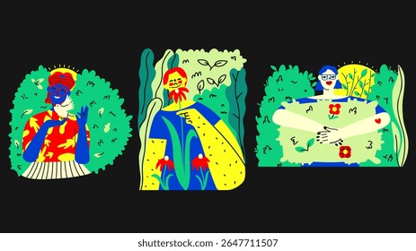 Conjunto de personajes que pasan tiempo en la naturaleza. Concepto de la influencia beneficiosa del medio ambiente en una persona. Colección de Ilustraciones vectoriales planas