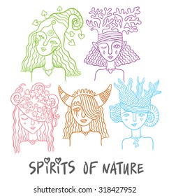 set of characters - the spirits of nature - water, forests, plants, animals fairies - hand drawing vector illustrations