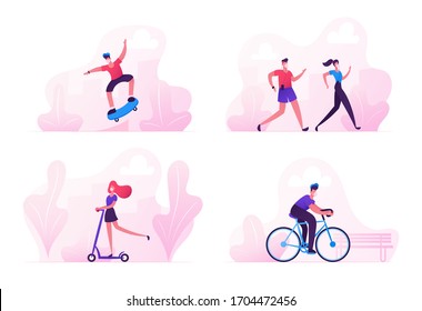 Set Characters Sports Activity during Covid 19 Quarantine. Teenager Making Tricks on Skateboard, People Jogging in Park, Riding Scooter, Driving Bicycle, Healthy Lifestyle. Cartoon Vector Illustration