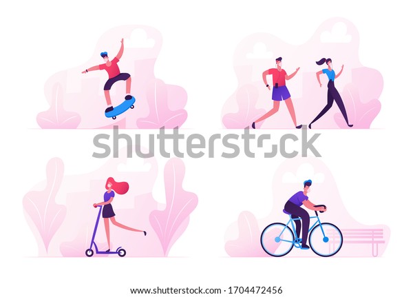 Set Characters Sports Activity during Covid\
19 Quarantine. Teenager Making Tricks on Skateboard, People Jogging\
in Park, Riding Scooter, Driving Bicycle, Healthy Lifestyle.\
Cartoon Vector\
Illustration