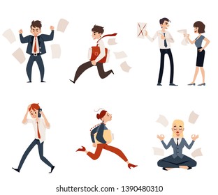 A set of characters stressing from office chaos. Businessmen, employees and the boss are busy or angry before deadline, run or swear or meditate. Vector illustration of office chaos in flat style.