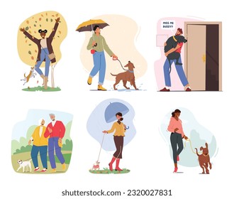 Set of Characters Stroll with Their Dogs, Enjoying Outdoor Exercise And Bonding Time While Exploring The Surroundings And Sharing Moments Of Joy And Companionship. Cartoon People Vector Illustration