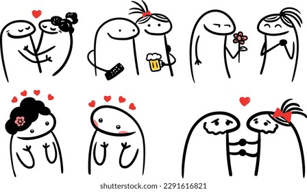 Conjunto de caracteres en el estilo de flork meme. vectores separados. tema de San Valentín. amantes