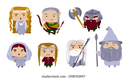 A set of characters. Stylized people. A magician with a staff, an elf with a bow, a dwarf with a battle ax and wearing a helmet, an elf girl, a princess. Story. The game. Vector stock illustration.