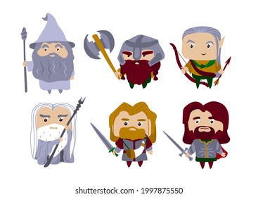 A set of characters Stylized people A warrior with a sword, a mage with a staff, an elf with a bow, a dwarf with a battle ax and in a helmet Story The game Vector stock illustration White background