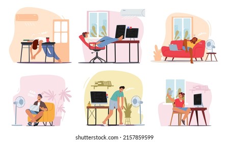 Set Characters at Summer Hot Period Concept. People Sweltering in Heat, Young Men and Women Trying to Work Use Fans and Conditioners to Get a Little Bit Cool or Refreshing. Cartoon Vector Illustration