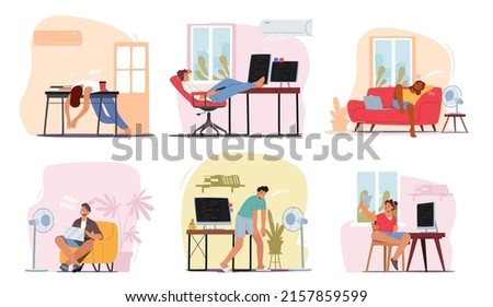 Set Characters at Summer Hot Period Concept. People Sweltering in Heat, Young Men and Women Trying to Work Use Fans and Conditioners to Get a Little Bit Cool or Refreshing. Cartoon Vector Illustration