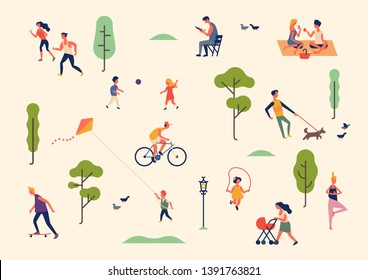 Set of characters in summer season outdoor activities. People enjoying warm nice weather in park 