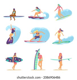 Set of characters surf girls who surfing in blue waves or hold surfboards on beach. Summer activity for surfers during vacation on tropical coast. Flat vector isolated illustrations