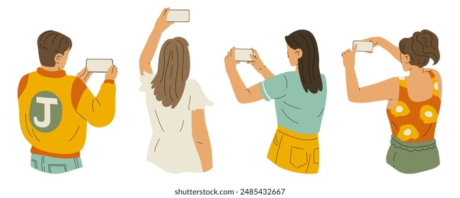 A set of characters taking a photo or video on a phone. View from the back. Shooting a bright event, friends, a beautiful landscape. Vector illustration of a modern flat style