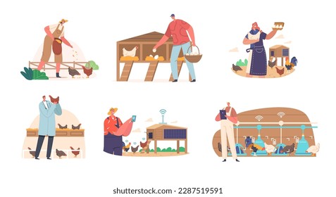 Set of Characters Tending To Chickens On Farm, Feeding And Ensuring Their Well-being. Concept of Livestock Farming