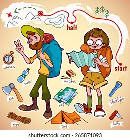 Set of characters and things for hike and camp. Man with backpack and woman with map. Vector clip-art illustration.