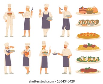 Set of characters of tiny professional cooking chefs preparing food and delicious culinary dishes for restaurant or cafe. Flat isolated vector illustrations.