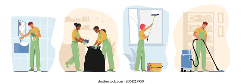 Set Characters in Uniform with Equipment Cleaning Windows, Bathroom and Living Room. Professional Cleaners Service Work Mopping, Clean Floor, Rub, Sweeping at Home. Cartoon People Vector Illustration